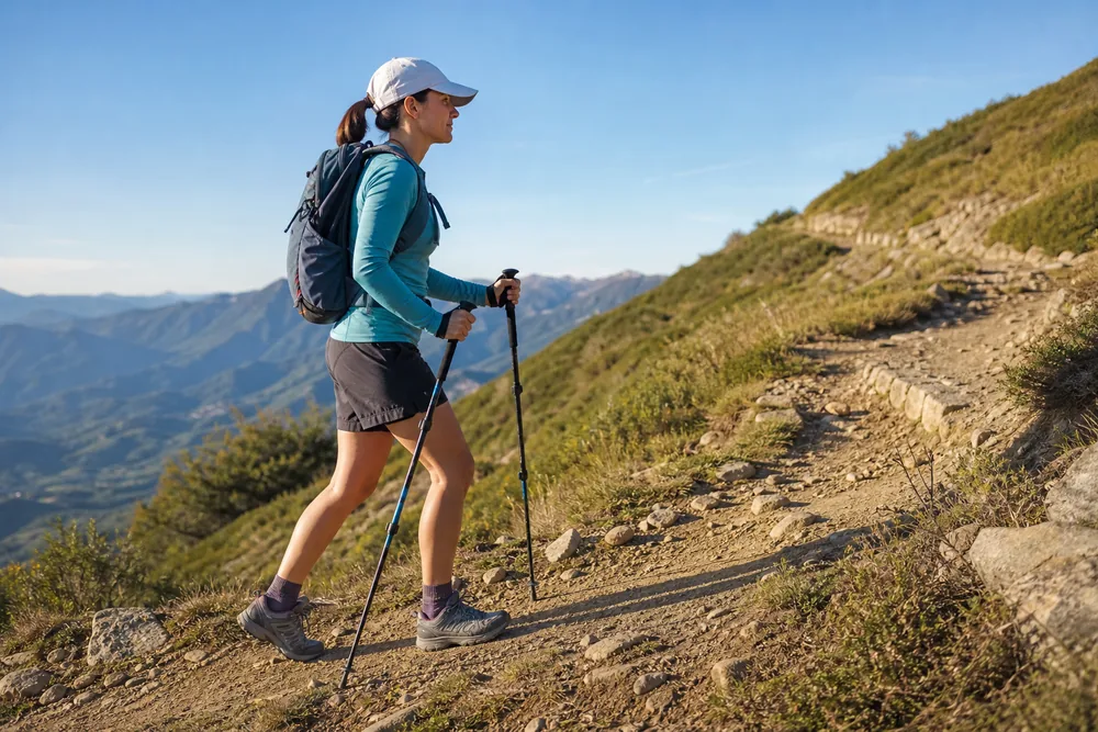 Hiker practicing short uphill steps, relaxed posture, steady cadence, and matched trekking-pole plants on a familiar climb