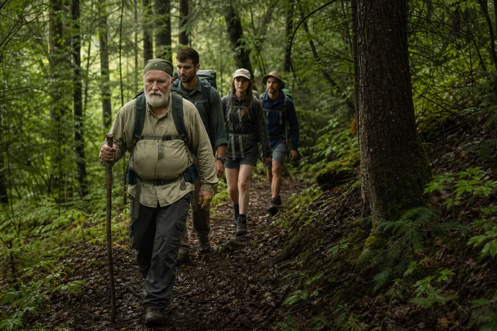 An older hiker walking at the front of a small forest trail group while three fitter hikers follow behind - group hiking pace | KnowOutdoor