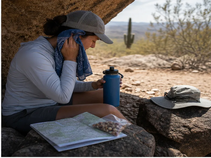 Hiker resting in shade with water hat map and salty snack - how to hike in hot weather | KnowOutdoor
