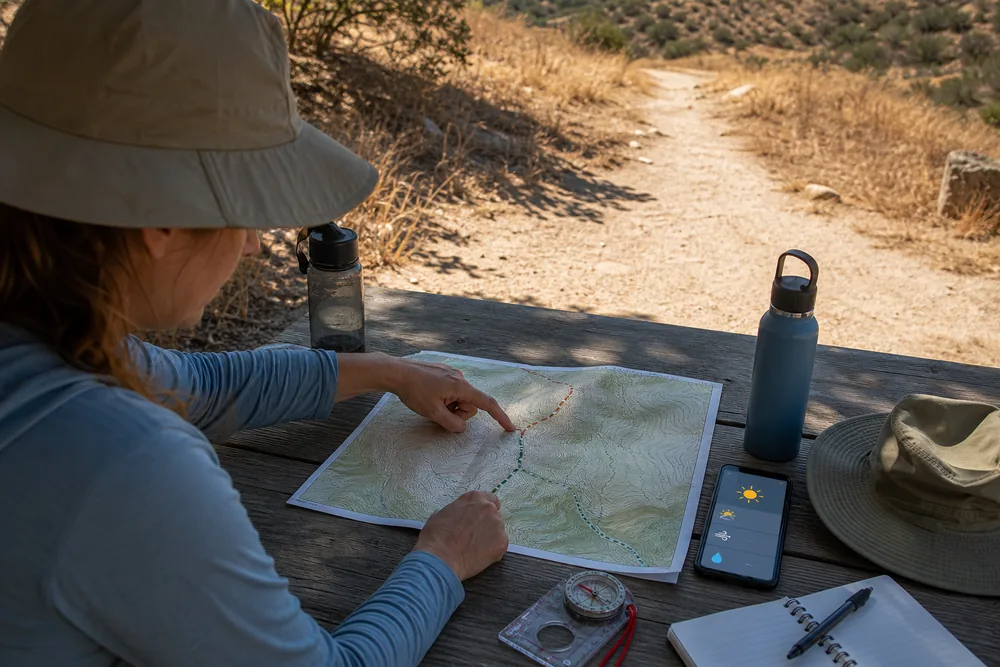 Hiker comparing air temperature, humidity, full sun, wind, route exposure, HeatRisk, and air quality before a hot-weather hike