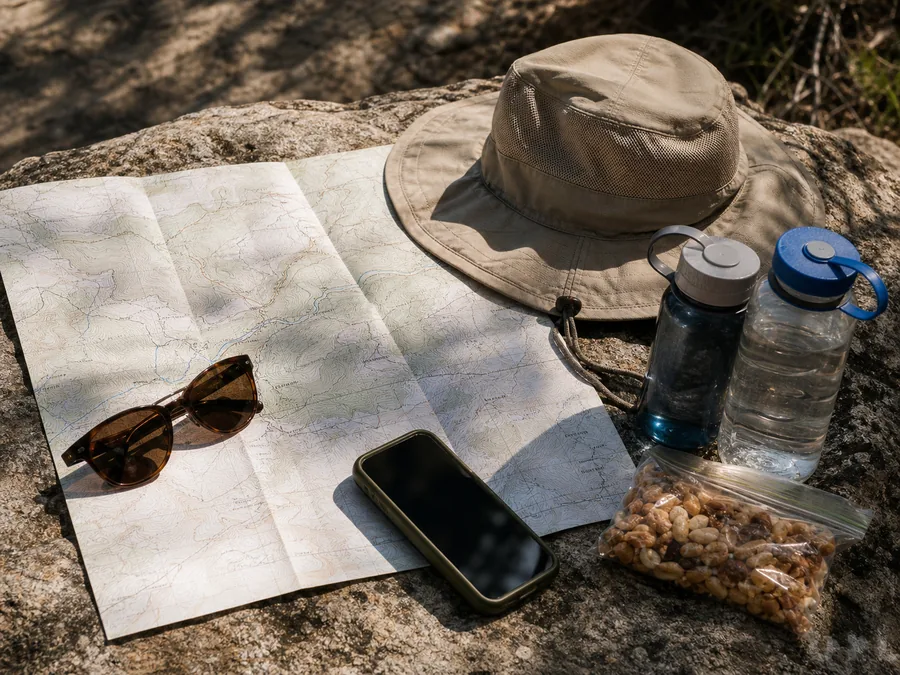 Hot-weather hiking map, sun hat, water bottles, and snack in shade