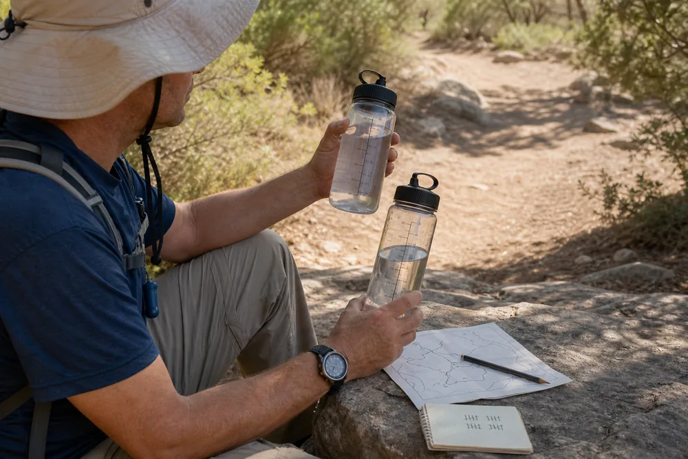 Hiker recording starting water, one-hour use, shade, effort, and remaining route time during an easy hot-weather test walk