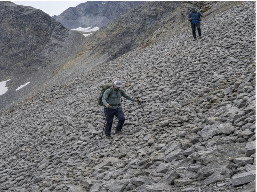 Hiker descending diagonally across a talus slope with space from partner - how to hike on scree and loose rock | KnowOutdoor