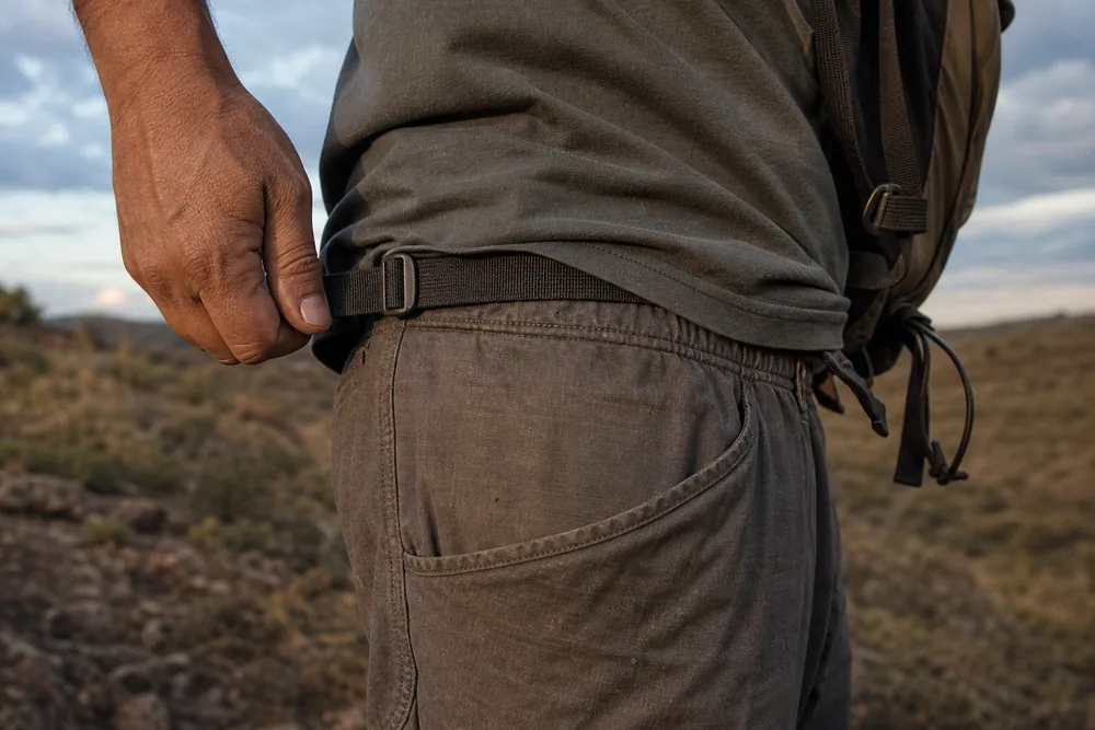 A thin webbing hipbelt on a small daypack pulled tight across the top of the hip bones - daypack hipbelt position | KnowOutdoor