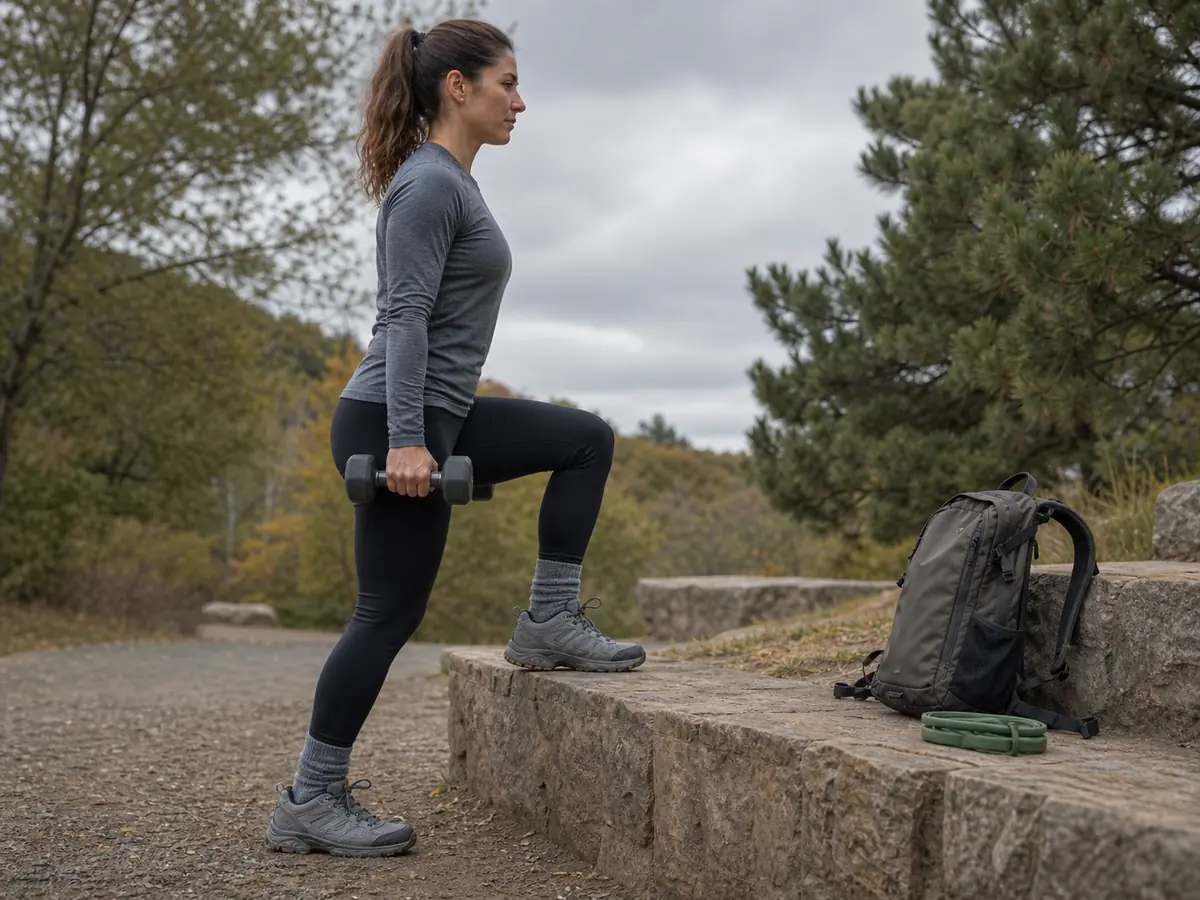 Hiker doing a controlled weighted step-up beside a daypack between weekly trail walks