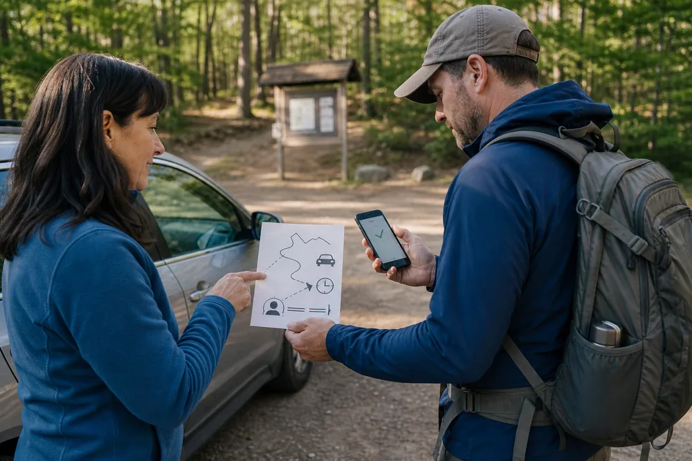 Solo hiker sharing route, vehicle, return time, backup route, and overdue action with a trusted contact before leaving