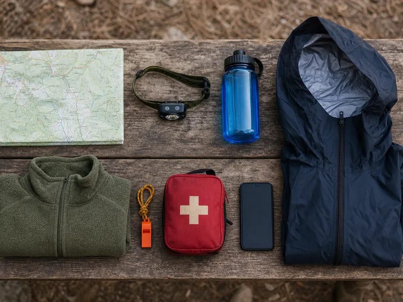 Solo hiking essentials with map, headlamp, water, shell, and first aid