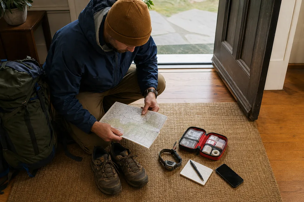 Solo hiker checking route difficulty, navigation, first aid, turnaround time, and trusted contact details before departure