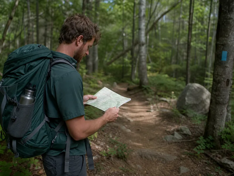 Solo hiker reviewing a simple route map before starting