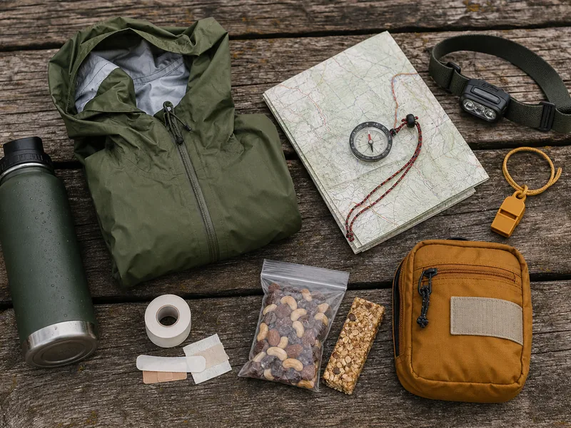 Day hiking core kit with water, shell, map, snacks, and headlamp