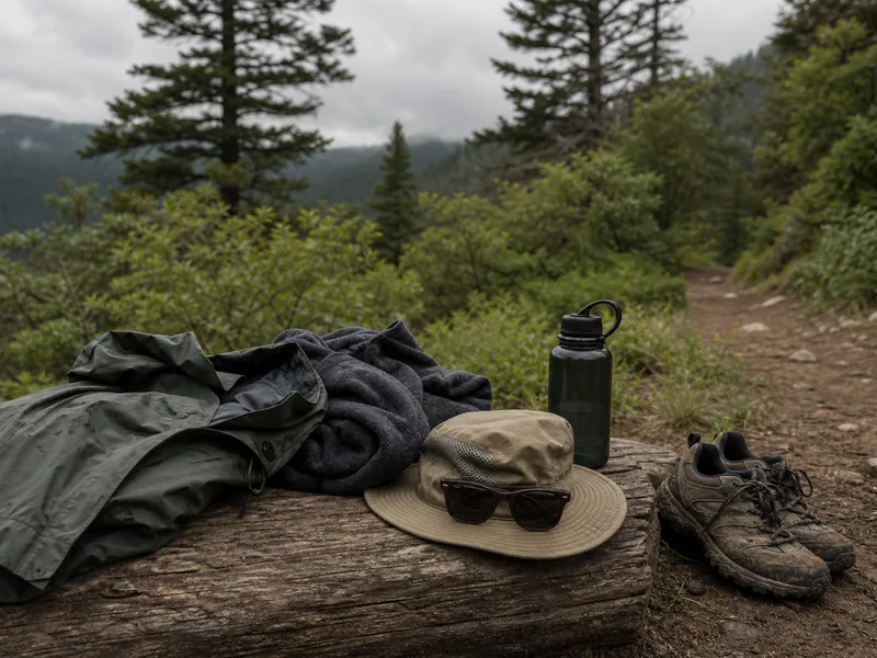 Hiking layers, rain shell, hat, and water arranged for changing weather
