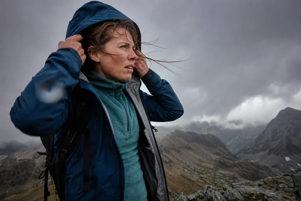 Hiker pulling on a wind shell with the hood up in exposed terrain - what to wear hiking | KnowOutdoor