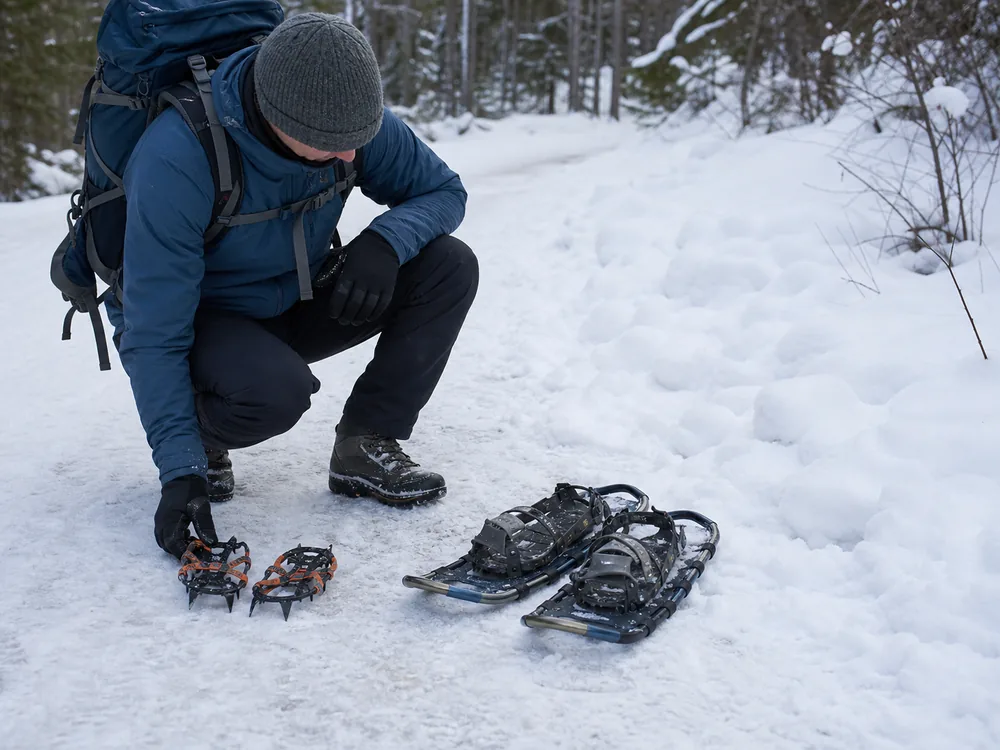 Winter hiker comparing microspikes and snowshoes where packed snow meets a deeper snowy trail - winter hiking traction and flotation | KnowOutdoor