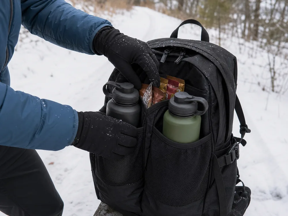 Insulated wide-mouth water bottles and soft winter snacks positioned in accessible backpack pockets on a snowy trail - winter hiking water access | KnowOutdoor