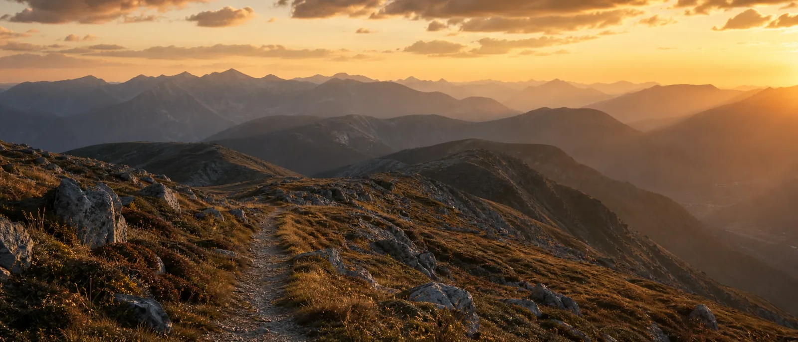 A trail leading toward mountain ridges