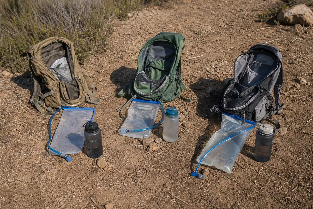 Three daypacks with water reservoirs and bottles laid out to divide a group carry - Group water split | KnowOutdoor