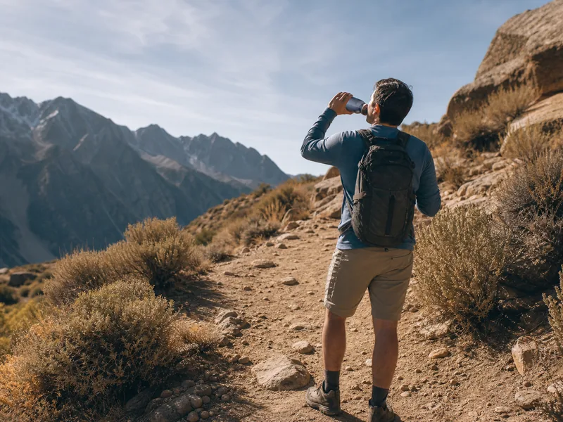 Hiker drinking water on a sunny uphill trail