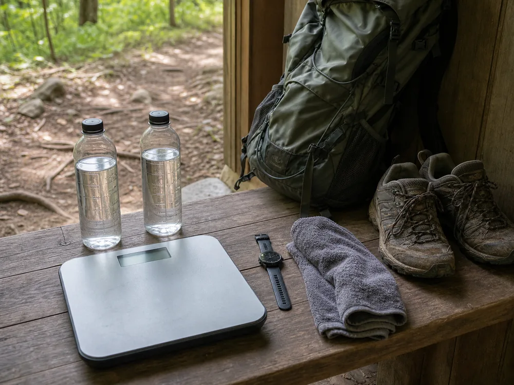 Bathroom scale, measured water bottles, watch, and hiking shoes arranged for a personal sweat-rate test