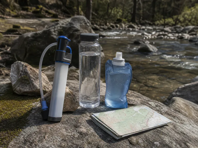 Water filter, bottle, and backup water beside a trail map