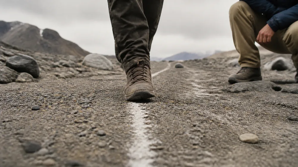 A walker stepping heel to toe along a straight line on flat ground at a high camp while a companion watches - field coordination check for altitude illness | KnowOutdoor