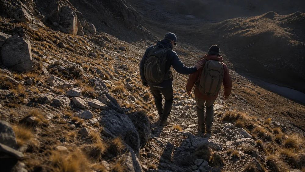 Two walkers descending a rocky trail below a high camp in late afternoon light with one supporting the other - losing elevation to treat altitude illness | KnowOutdoor