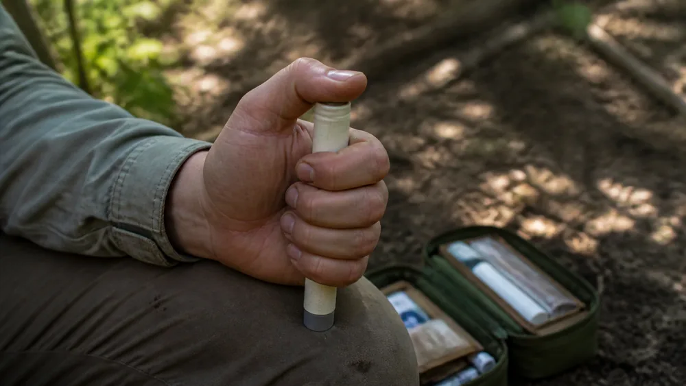 A closed fist gripping an auto-injector upright with the thumb flat on the top end, resting against a walker's thigh beside an open first aid pouch - epinephrine grip and orientation | KnowOutdoor
