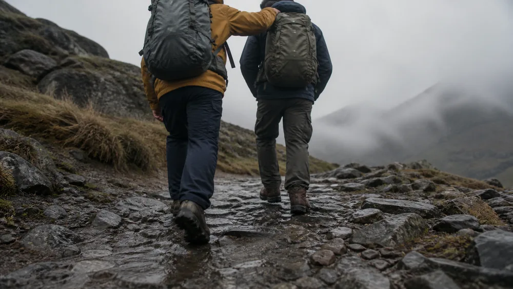 A hiker taking a first careful step along a stony trail with one arm braced on a companion's shoulder and both boots still laced - four-step weight-bearing test after an ankle injury | KnowOutdoor