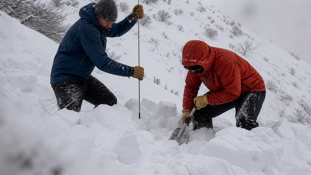 Two people working on rough avalanche debris, one pushing a long probe vertically into the snow while the other digs hard with a metal shovel - companion rescue is the only rescue fast enough | KnowOutdoor