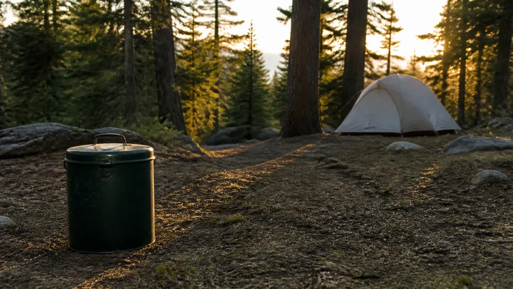 A hard-sided food canister on the ground well away from a tent at a forest campsite in evening light, tidy camp with no loose food - storing attractants away from where you sleep | KnowOutdoor