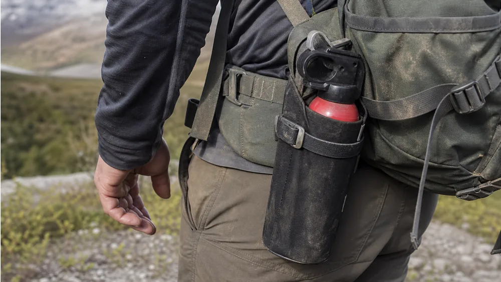 A canister of bear deterrent spray in an open holster on the hip belt of a worn hiking backpack, within immediate reach of a hand | KnowOutdoor