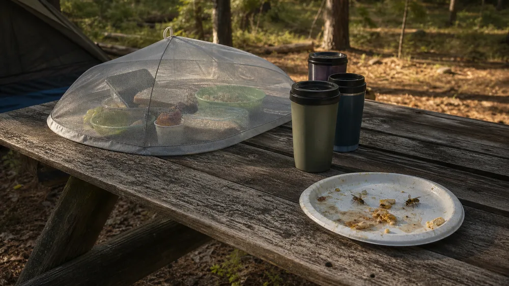 A campsite picnic table in late summer with food under a mesh cover and lidded cups, and one open plate of leftovers at the far end with wasps on it | KnowOutdoor