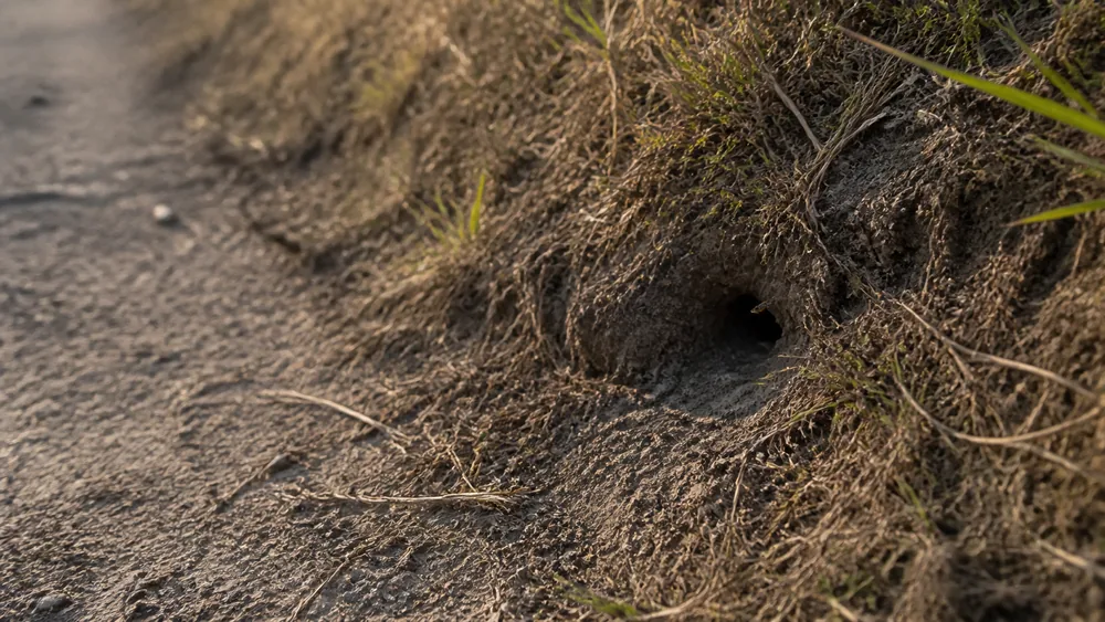 A small dark hole in a grassy earth bank beside a narrow footpath with a few wasps entering and leaving in late summer light | KnowOutdoor