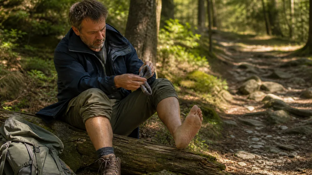 A walker sitting on a log at the side of a trail with one boot and sock off, turning the sock inside out to look for grit | KnowOutdoor