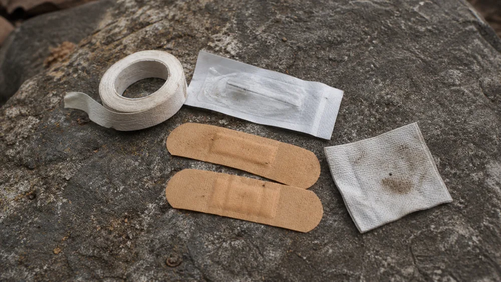 Overhead view of a small foot-care kit on a flat rock, a roll of thin paper tape, a sterile needle in its wrapper, two adhesive dressings and an alcohol wipe | KnowOutdoor