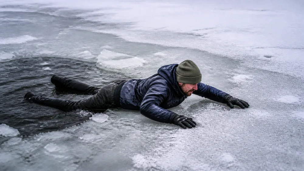 A person at the edge of a hole in lake ice with legs kicked out level behind them and forearms flat on the ice pulling forward onto the surface | KnowOutdoor