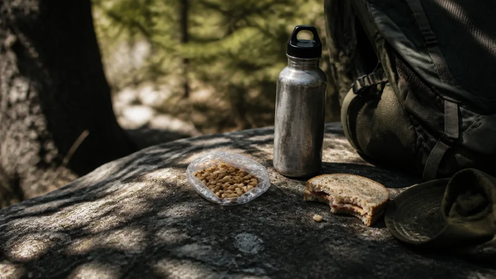 A rest stop on a shaded rock with a water bottle beside an open packet of salted nuts and a part-eaten sandwich | KnowOutdoor