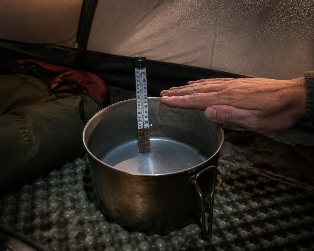 A pot of water on a groundsheet inside a tent with a small thermometer resting in it and a hand held above the surface | KnowOutdoor