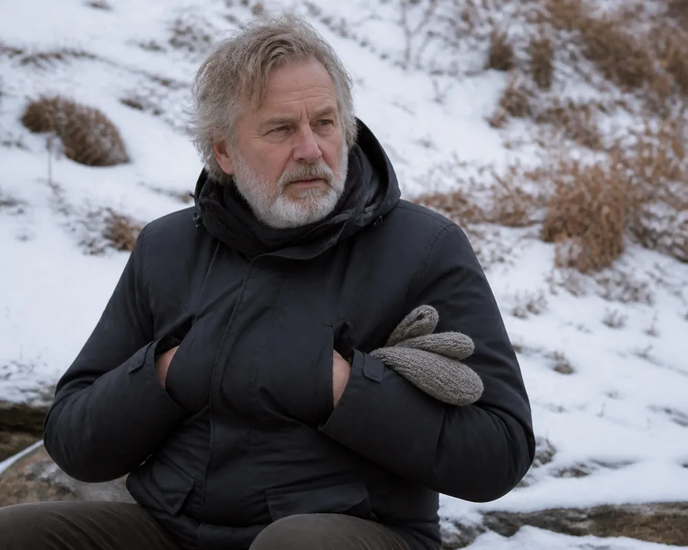 A walker in winter clothing holding both bare hands flat inside their jacket against the chest, knitted mittens tucked under one arm | KnowOutdoor