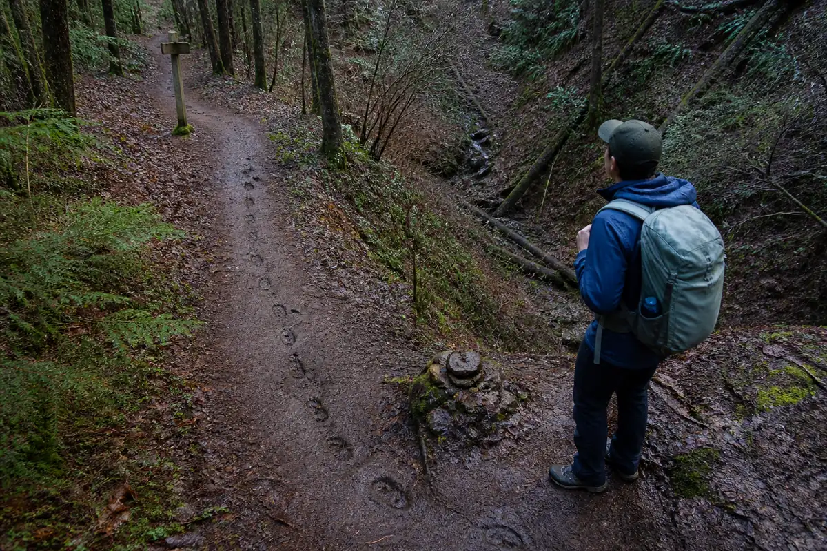 Hiker stopped beside bootprints leading back to a visible trail junction while avoiding a steep brushy drainage - getting lost stay or move decision | KnowOutdoor