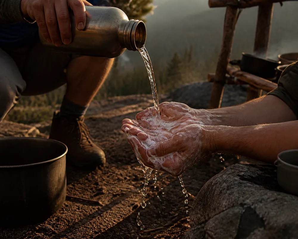 One walker pouring water from a bottle over another walker's soapy hands beside a camp kitchen on bare ground | KnowOutdoor
