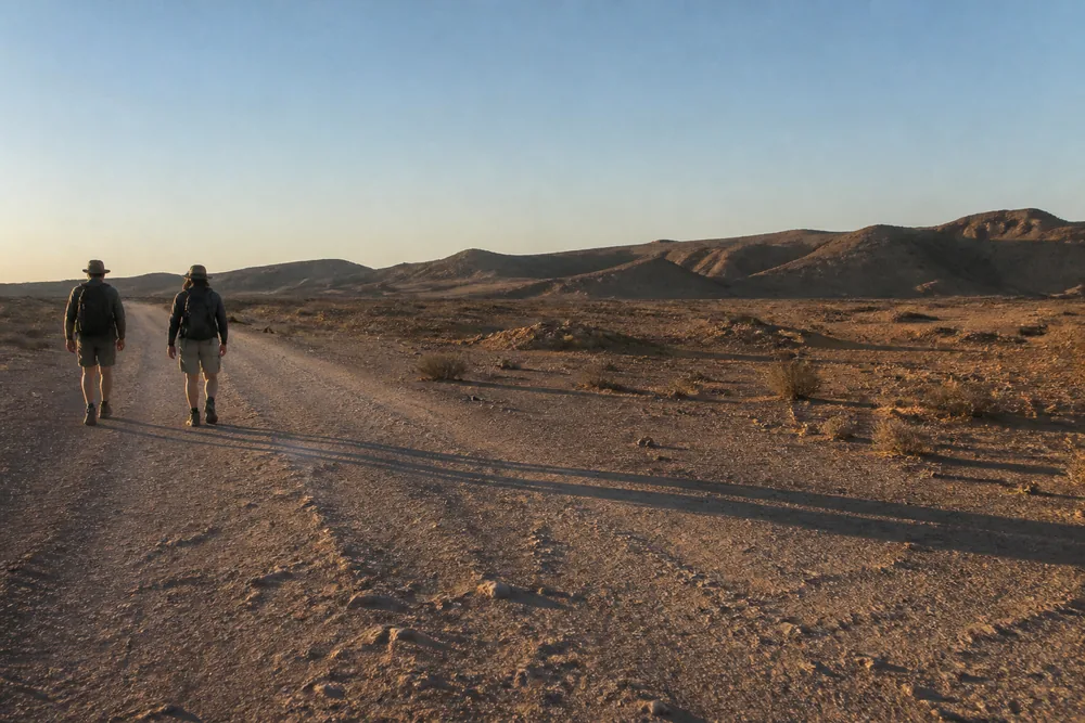 Two walkers on an open desert trail in low golden light with long shadows stretching across the ground | KnowOutdoor