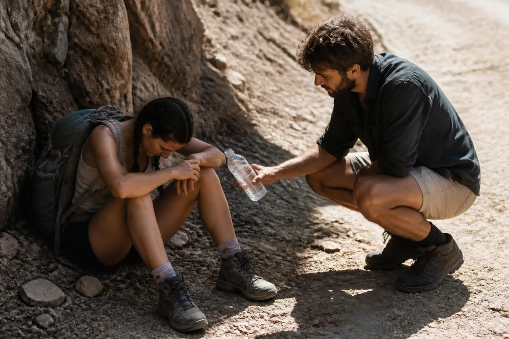 A hiker sitting slumped in thin shade at the side of a sunlit trail while a companion crouches beside them offering a bottle | KnowOutdoor