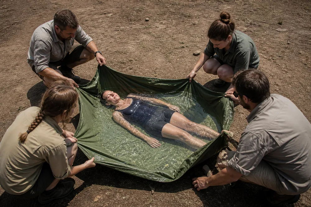 Four people crouched around a tarp held up at the edges to hold water, with one person lying in the shallow pool inside it | KnowOutdoor