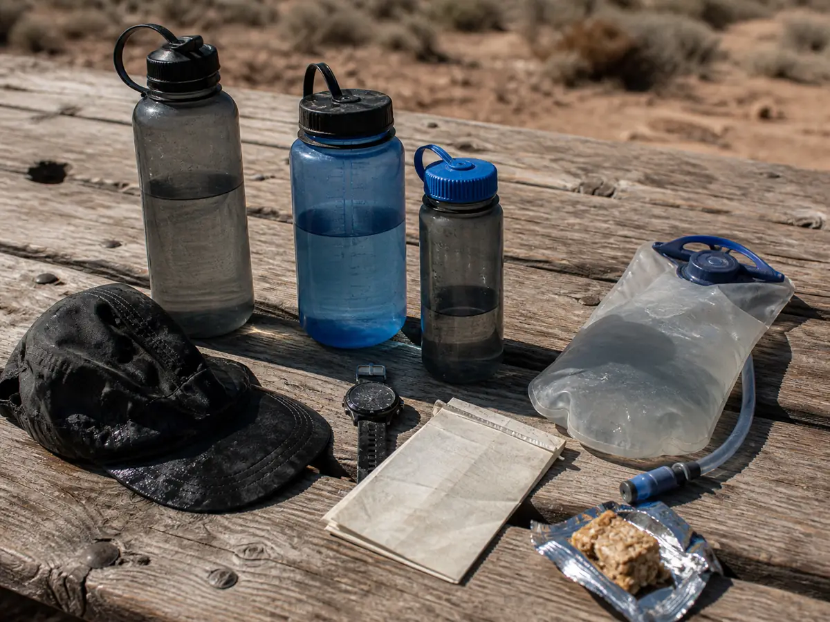Used water containers, a hydration reservoir, damp hat, watch, and trail food on a weathered table - long hiking hydration context | KnowOutdoor
