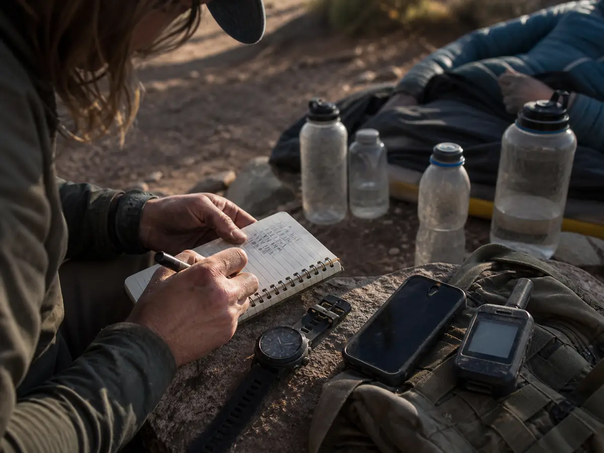 A hiking companion recording fluid timing beside a watch, used bottles, phone, and satellite messenger - rescue handover notes | KnowOutdoor