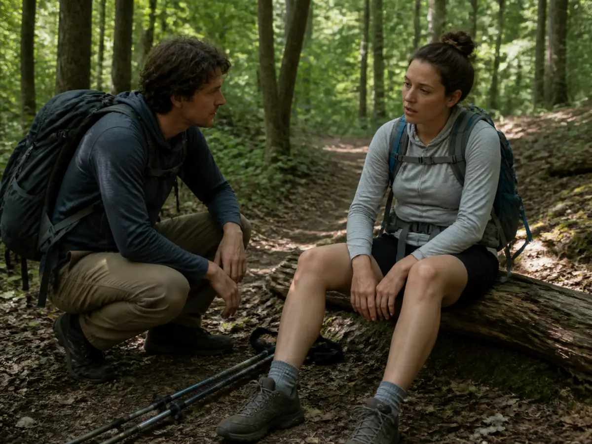 One hiker calmly assessing a seated companion at eye level on a shaded woodland trail - neurological change check | KnowOutdoor