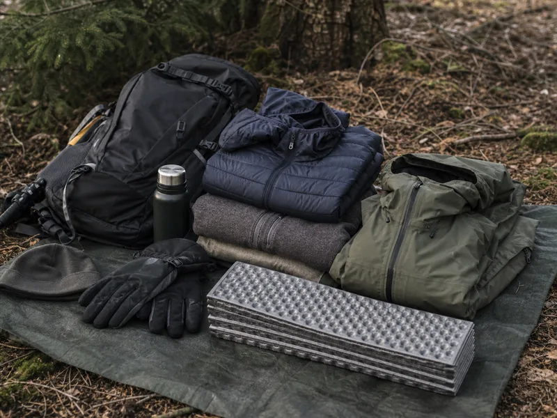 Dry layers and insulation arranged beside a cold-weather hiking pack