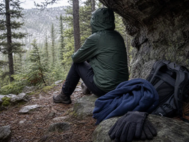 Cold wet hiker sitting out of the wind with extra layers nearby