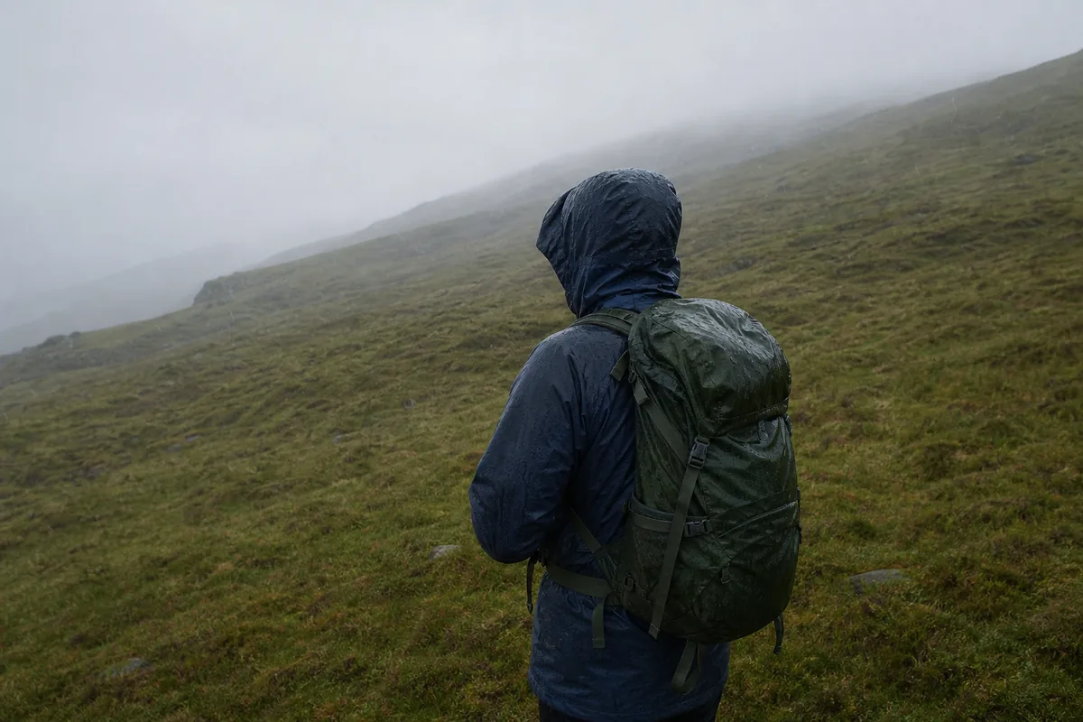 Hiker in a wet rain shell on a green misty mountainside above freezing - Cold-weather hypothermia risk | KnowOutdoor