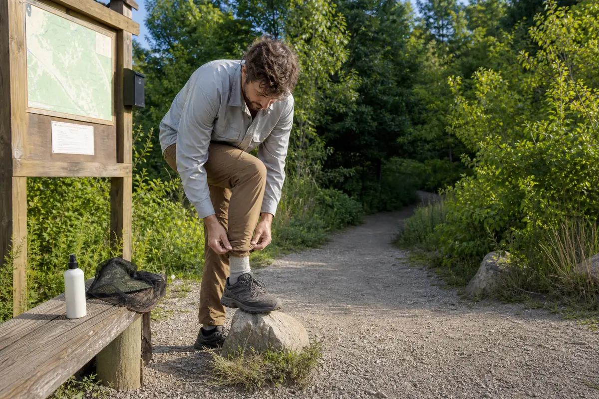Hiker adjusting trousers over socks with repellent and a head net ready before entering summer brush